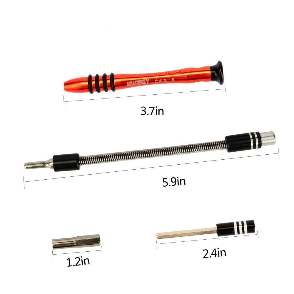 Jakemy Jm-8126 58 In 1 Screwdriver Ratchet Hand-tools Suite Furniture Computer Electrical Maintenance Tools - an orange handle, a flexible extension rod, a small connector, and a screwdriver bit with dimension labels.