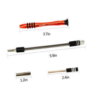 Jakemy Jm-8126 58 In 1 Screwdriver Ratchet Hand-tools Suite Furniture Computer Electrical Maintenance Tools - an orange handle, a flexible extension rod, a small connector, and a screwdriver bit with dimension labels.