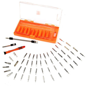 Jakemy Jm-8126 58 In 1 Screwdriver Ratchet Hand-tools Suite Furniture Computer Electrical Maintenance Tools - an orange storage case, a handle, a flexible extension, and numerous screwdriver bits arranged on a surface.