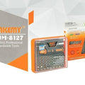 Jakemy Jm-8127 53IN 1 Screwdriver Ratchet Hand-tools Suite Furniture Computer Electrical Maintenance Tools - set shown with its orange plastic storage case and matching retail cardboard packaging box.