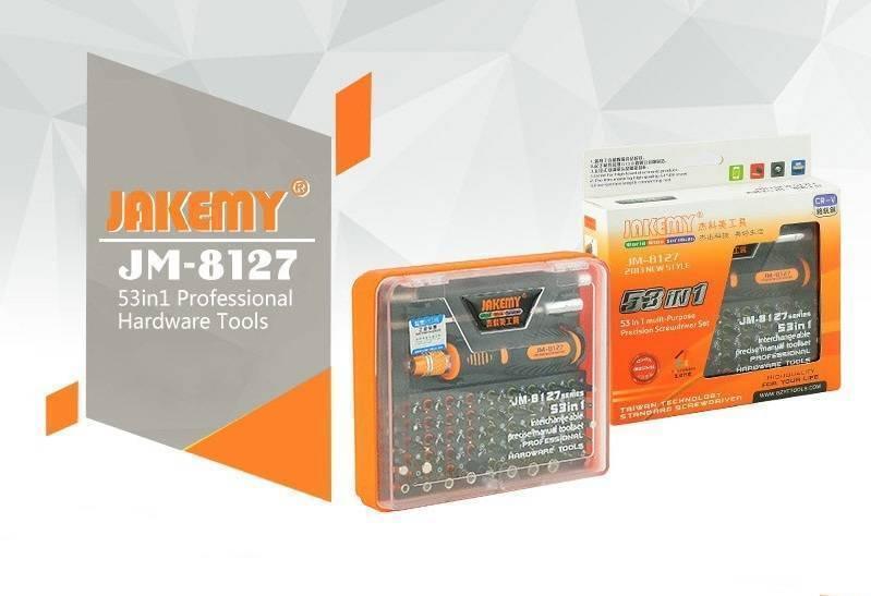 Jakemy Jm-8127 53IN 1 Screwdriver Ratchet Hand-tools Suite Furniture Computer Electrical Maintenance Tools - set shown with its orange plastic storage case and matching retail cardboard packaging box.