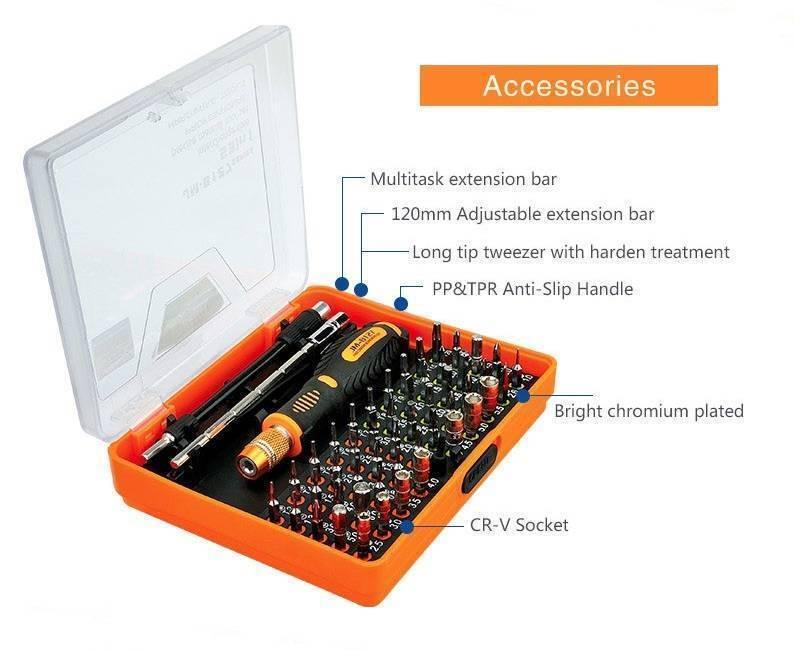 Jakemy Jm-8127 53IN 1 Screwdriver Ratchet Hand-tools Suite Furniture Computer Electrical Maintenance Tools - set in an open orange plastic case, displaying a screwdriver handle, extension bars, tweezers, and various metal bits.