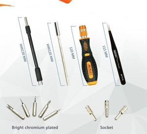 Jakemy Jm-8127 53IN 1 Screwdriver Ratchet Hand-tools Suite Furniture Computer Electrical Maintenance Tools - an extension bar, handle, tweezers, and various screwdriver bits and sockets arranged on a white background.