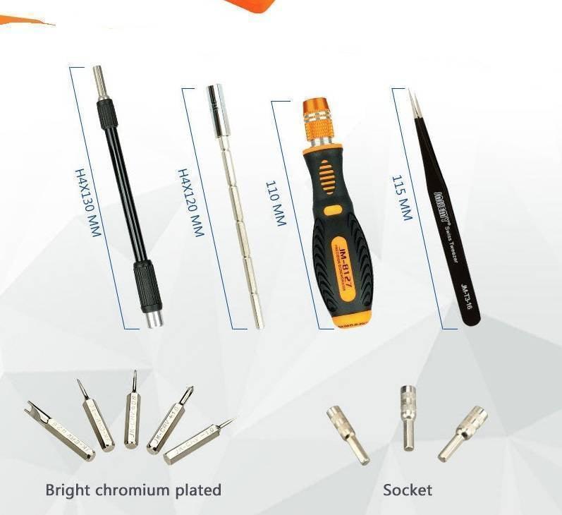 Jakemy Jm-8127 53IN 1 Screwdriver Ratchet Hand-tools Suite Furniture Computer Electrical Maintenance Tools - an extension bar, handle, tweezers, and various screwdriver bits and sockets arranged on a white background.