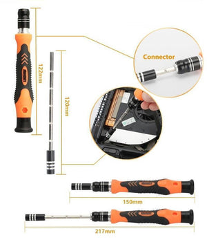 Jakemy Jm-8132 45 In 1 Screwdriver Ratchet Hand-tools Suite Furniture Computer Electrical Maintenance Tools - the orange and black handle, extension rod, connector, and assembly dimensions in millimeters.