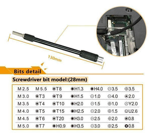 Jakemy Jm-8132 45 In 1 Screwdriver Ratchet Hand-tools Suite Furniture Computer Electrical Maintenance Tools - a black flexible screwdriver extension shaft, an application close-up, and a table detailing 45 screwdriver bit models and sizes.