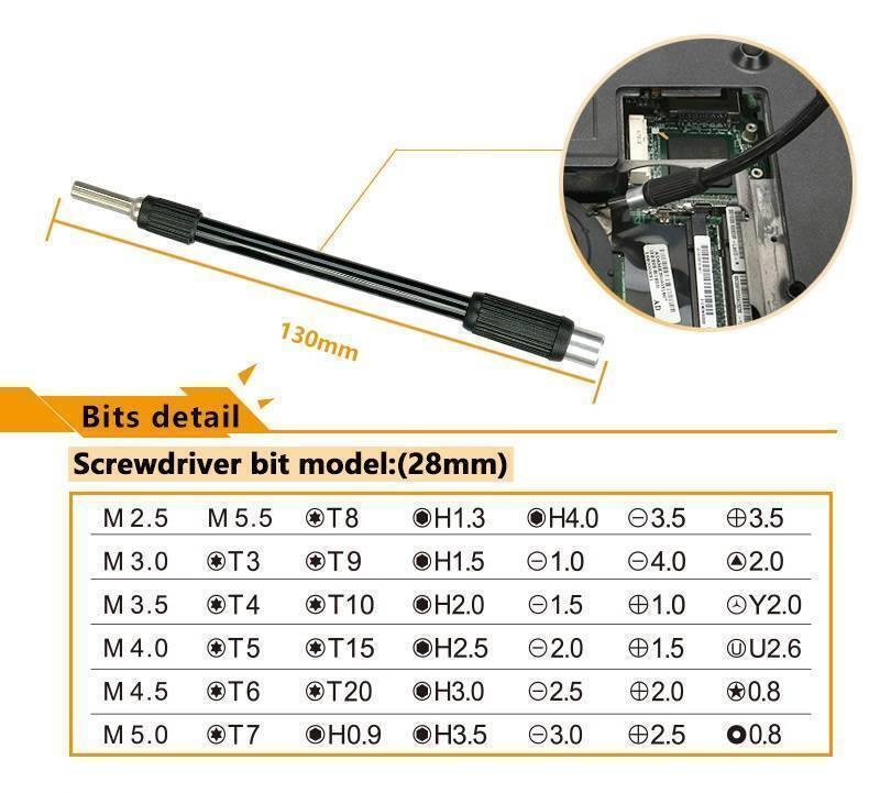 Jakemy Jm-8132 45 In 1 Screwdriver Ratchet Hand-tools Suite Furniture Computer Electrical Maintenance Tools - a black flexible screwdriver extension shaft, an application close-up, and a table detailing 45 screwdriver bit models and sizes.