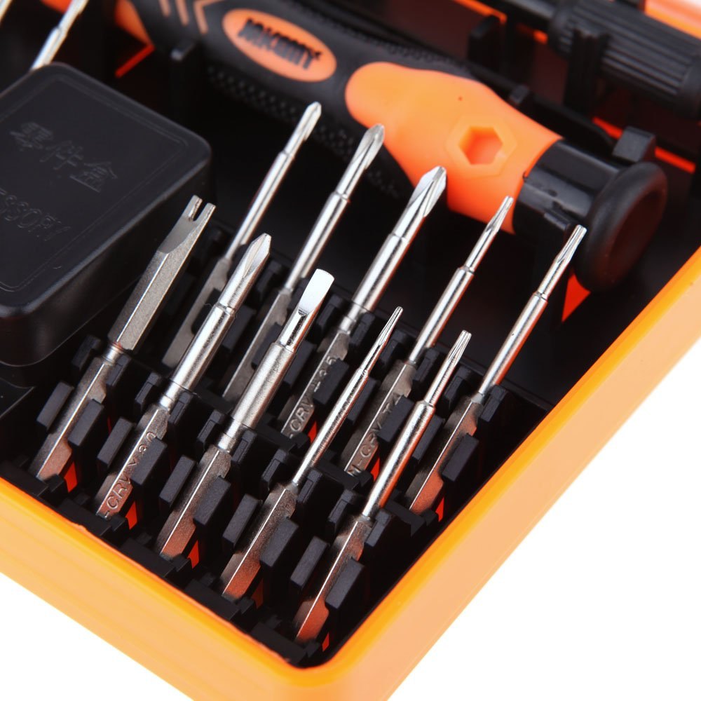 Jakemy Jm-8133 Precision Screwdriver Kit - 45-in-1 Tool Set For Electronics Repair - a close-up of the orange and black handle and various metal screwdriver bits arranged in an orange case.