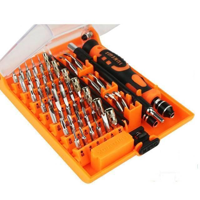 Jakemy Jm-8150 52 In 1 Screwdriver Ratchet Hand-tools Suite Furniture Computer Electrical Maintenance Tool - set in an open orange plastic case, showing the handle and various metal screwdriver bits arranged in rows.