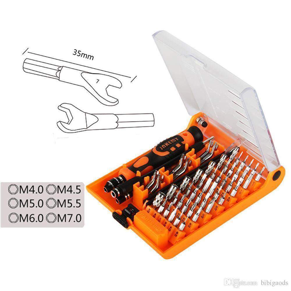 Jakemy Jm-8150 52 In 1 Screwdriver Ratchet Hand-tools Suite Furniture Computer Electrical Maintenance Tool - set in an open orange case with various bits, a handle, and a dimension diagram for a 35mm wrench attachment.