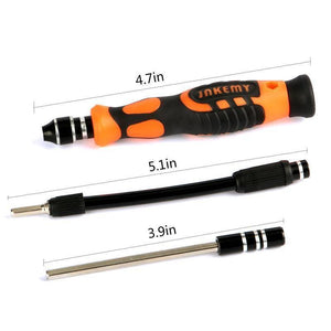 Jakemy Jm-8150 52 In 1 Screwdriver Ratchet Hand-tools Suite Furniture Computer Electrical Maintenance Tool - the orange and black screwdriver handle, a flexible extension shaft, and a rigid extension rod with their respective dimensions.