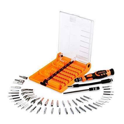 Jakemy Jm-8150 52 In 1 Screwdriver Ratchet Hand-tools Suite Furniture Computer Electrical Maintenance Tool - an open orange plastic case, a handle, two extension bars, and an array of various metal screwdriver bits.