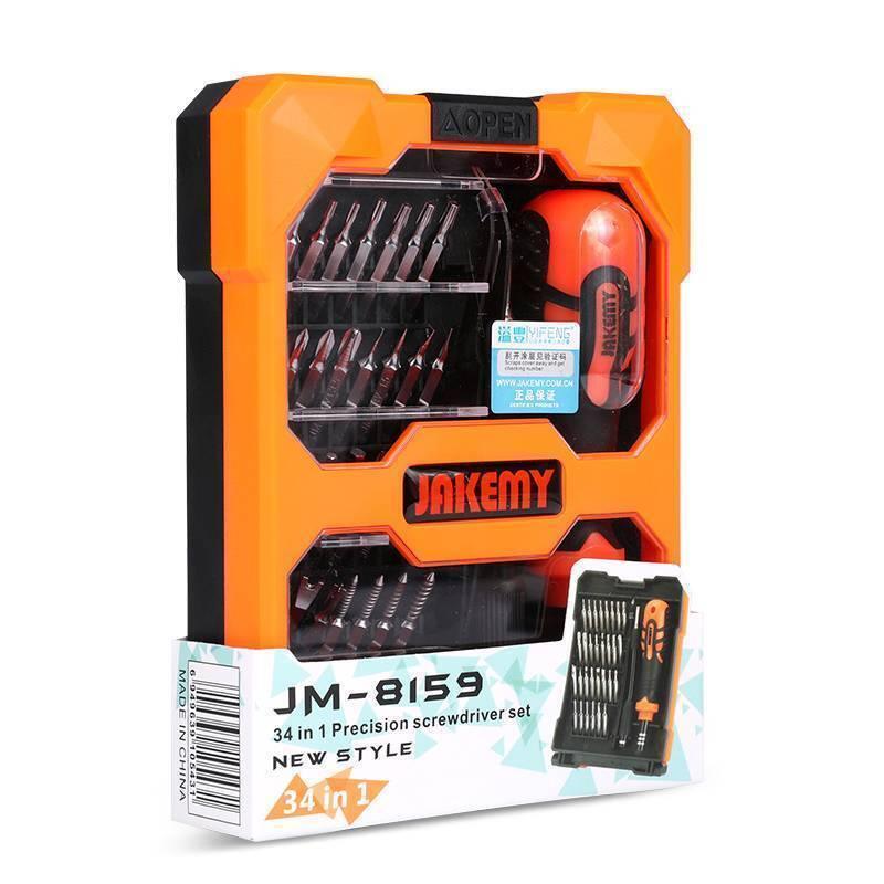 Jakemy Jm-8159 34 In 1 Screwdriver Ratchet Hand-tools Suite Furniture Computer Electrical Maintenance Tool - precision screwdriver set in orange and black plastic packaging with a handle and various bits visible inside the clear case.