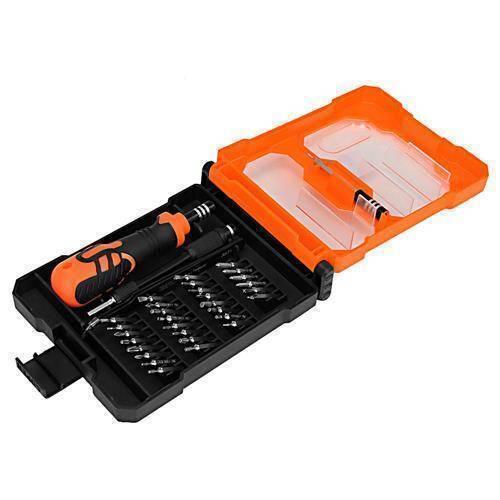 Jakemy Jm-8159 34 In 1 Screwdriver Ratchet Hand-tools Suite Furniture Computer Electrical Maintenance Tool - shown in an open orange and black plastic case with a handle and multiple screwdriver bits arranged in slots.