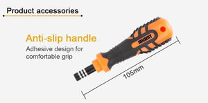 Jakemy Jm-8159 34 In 1 Screwdriver Ratchet Hand-tools Suite Furniture Computer Electrical Maintenance Tool - shown in a dimension diagram with an orange and black anti-slip grip measuring 105mm in length.