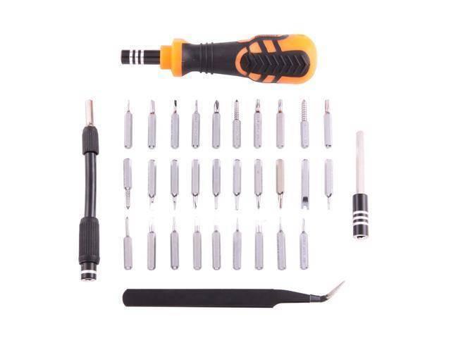 Jakemy Jm-8159 34 In 1 Screwdriver Ratchet Hand-tools Suite Furniture Computer Electrical Maintenance Tool - an orange and black handle, a flexible extension bar, an extension rod, tweezers, and various screwdriver bits.