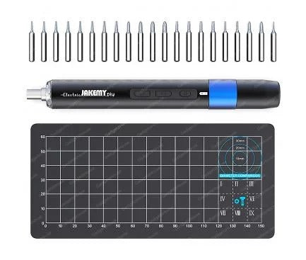 Jakemy JM-Y04 Precision Electronic Screwdriver Set 25 In 1 - a black electric screwdriver, twenty-one bits, and a black grid-patterned work mat.