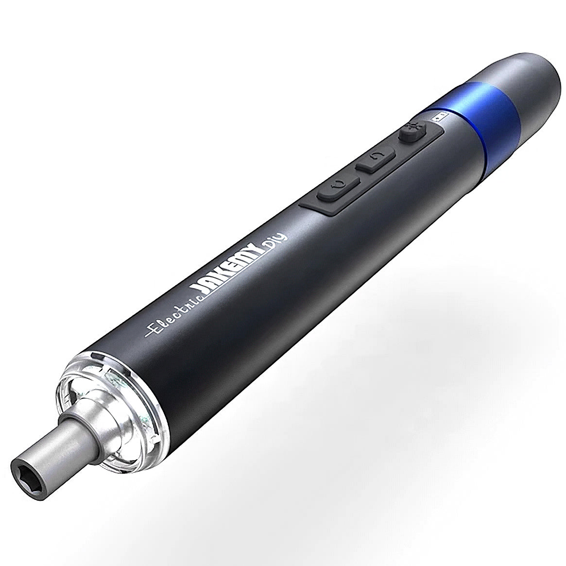 Jakemy JM-Y04 Precision Electronic Screwdriver Set 25 In 1 - a slim, black, cylindrical tool with a metal bit holder, three control buttons, and a blue ring.
