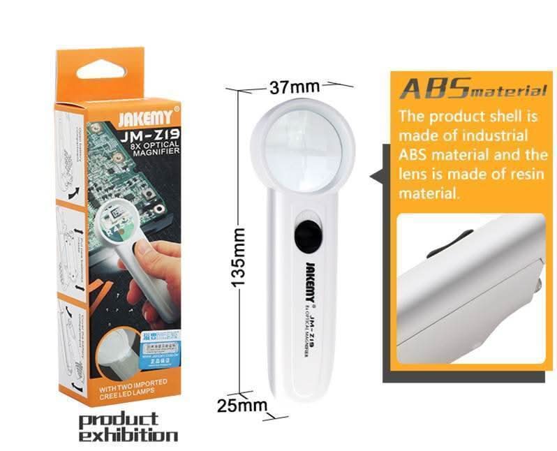 Jakemy JM-Z19 8x Optical Magnifier 37mm Large Diemeter With LED Lamp Beads Universal Electronics Maintenance Fix Repair Tool For Mobile Phone - shown with its orange packaging, a white handle with a black power button, and a diagram indicating dimensions.
