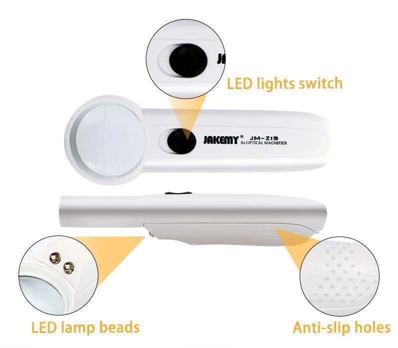 Jakemy JM-Z19 8x Optical Magnifier 37mm Large Diemeter With LED Lamp Beads Universal Electronics Maintenance Fix Repair Tool For Mobile Phone - the white handheld device with a black LED switch, two LED lamp beads, and a textured anti-slip grip area.