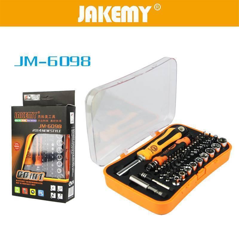 Jakemy JM6098 Jm 6098 66 In 1 Professional Screwdriver Repair Tool Set - the orange and black box packaging next to an open orange case containing two handles and various bits.