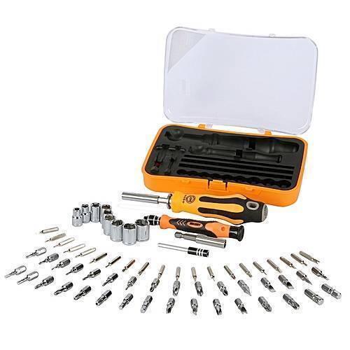 Jakemy JM6098 Jm 6098 66 In 1 Professional Screwdriver Repair Tool Set - shown as an accessories layout with an orange case, two handles, and numerous bits.