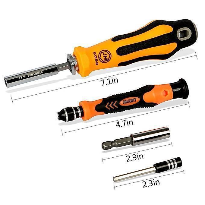 Jakemy JM6098 Jm 6098 66 In 1 Professional Screwdriver Repair Tool Set - two orange and black handles and two metal extensions with dimension labels in inches.