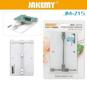 Jakemy Mobile Phone Motherboard Circuit PCB Board Holder Clamp Stand JM-Z15 - shown in three views: as a standalone metal tool, holding a circuit board, and inside its retail packaging.