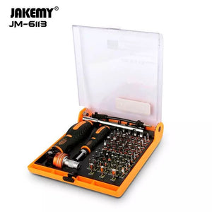 Jakemy Professional 73-in-1 Interchangeable Hardware Tools Jm-6113 - an open orange case containing two screwdriver handles and various metal bits.