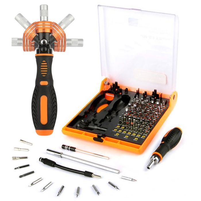 Jakemy Professional 73-in-1 Interchangeable Hardware Tools Jm-6113 - an orange and black handle, a storage case with bits, and various extensions.