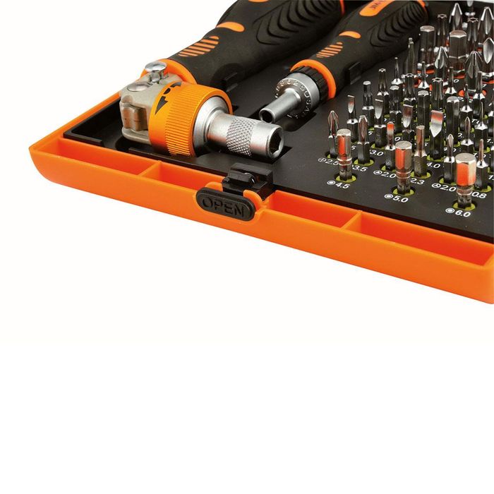 Jakemy Professional 73-in-1 Interchangeable Hardware Tools Jm-6113 - a close-up of the orange and black open tool case with bits and a handle.