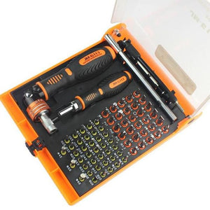 Jakemy Professional 73-in-1 Interchangeable Hardware Tools Jm-6113 - open orange plastic case containing two screwdriver handles and many bit heads.