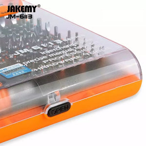Jakemy Professional 73-in-1 Interchangeable Hardware Tools Jm-6113 - a close-up of the orange and clear plastic case with an open latch mechanism.