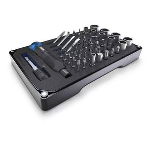 Jakemy Professional Screwdriver Set With S-2 Driver Bit DIY Repair Tools Kit Set Jm-6125 - a black foam organizer tray containing a screwdriver handle, extension bar, and various metal bits.