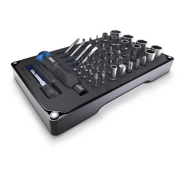 Jakemy Professional Screwdriver Set With S-2 Driver Bit DIY Repair Tools Kit Set Jm-6125 - a black foam organizer tray containing a screwdriver handle, extension bar, and various metal bits.
