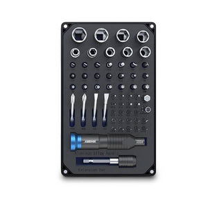 Jakemy Professional Screwdriver Set With S-2 Driver Bit DIY Repair Tools Kit Set Jm-6125 - an organized black tray containing an aluminum alloy handle, an extension bar, and various screwdriver bits.