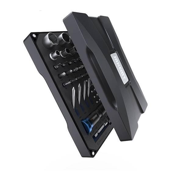 Jakemy Professional Screwdriver Set With S-2 Driver Bit DIY Repair Tools Kit Set Jm-6125 - a black, open plastic storage case containing various metal screwdriver bits, sockets, and a handle.