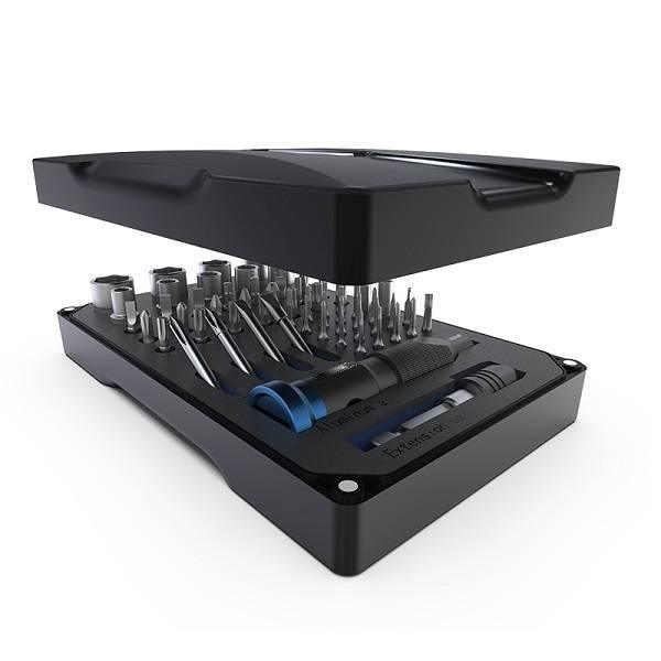 Jakemy Professional Screwdriver Set With S-2 Driver Bit DIY Repair Tools Kit Set Jm-6125 - an open black storage case containing a screwdriver handle, extension bar, and various metal driver bits.