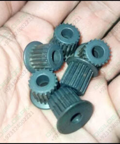 Japanese 30 Teeth 6.35mm Bore GT3 Timing Pulley P30 Push Fit Type - a close-up of several dark grey, multi-toothed cylindrical pulleys in a hand.