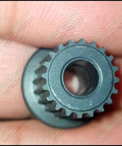 Japanese 30 Teeth 6.35mm Bore GT3 Timing Pulley P30 Push Fit Type - a close-up view of the grey metal gear held between fingers.