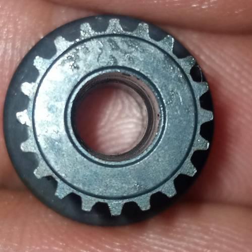 Japanese GT2 20 Teeth 5mm Bore Push Fit Pulley Timing Pulley - a close-up view of the circular silver metal gear with twenty teeth and a center bore.