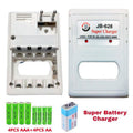 Jb 628 AA AAA 9V Battery Charger - shown with a white plastic charger, four AA batteries, four AAA batteries, and one 9V battery.