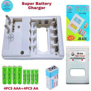 Jb 628 AA AAA 9V Battery Charger - shown with a white charger unit, its packaging, a 9V battery, and four AA and four AAA batteries.