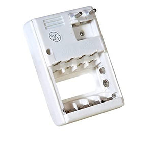 Jb 628 AA AAA 9V Battery Charger - a white plastic device featuring slots for AA, AAA, and 9V batteries with a fold-out wall plug on the back.