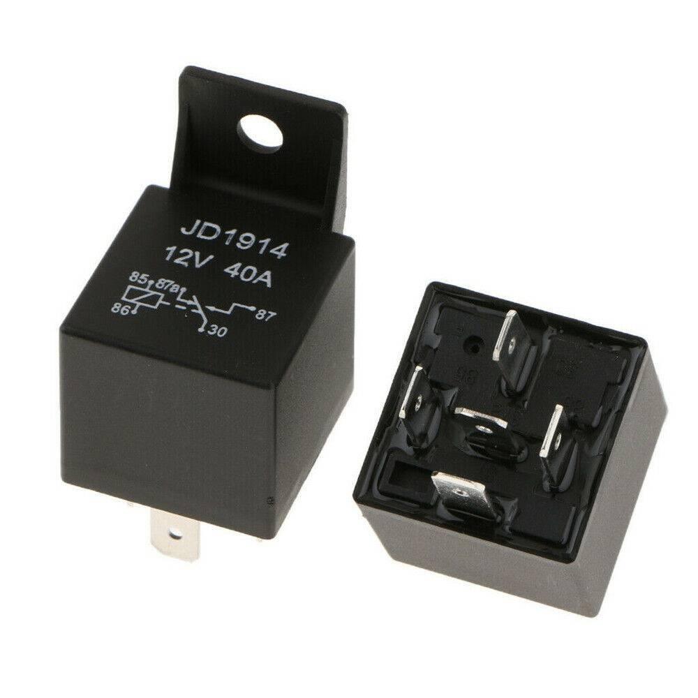 JD1914 12V 40amp Car Relay Spdt 5 Pins 5p Waterproof Car Bike Relay - two black plastic 5-pin automotive relays shown from the side and bottom, featuring printed pin diagrams and metal terminals.