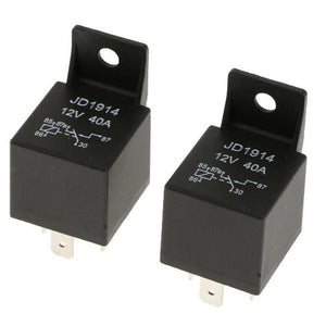 JD1914 12V 40amp Car Relay Spdt 5 Pins 5p Waterproof Car Bike Relay - two identical black five-pin automotive relays with mounting tabs and printed wiring diagrams on their cases.