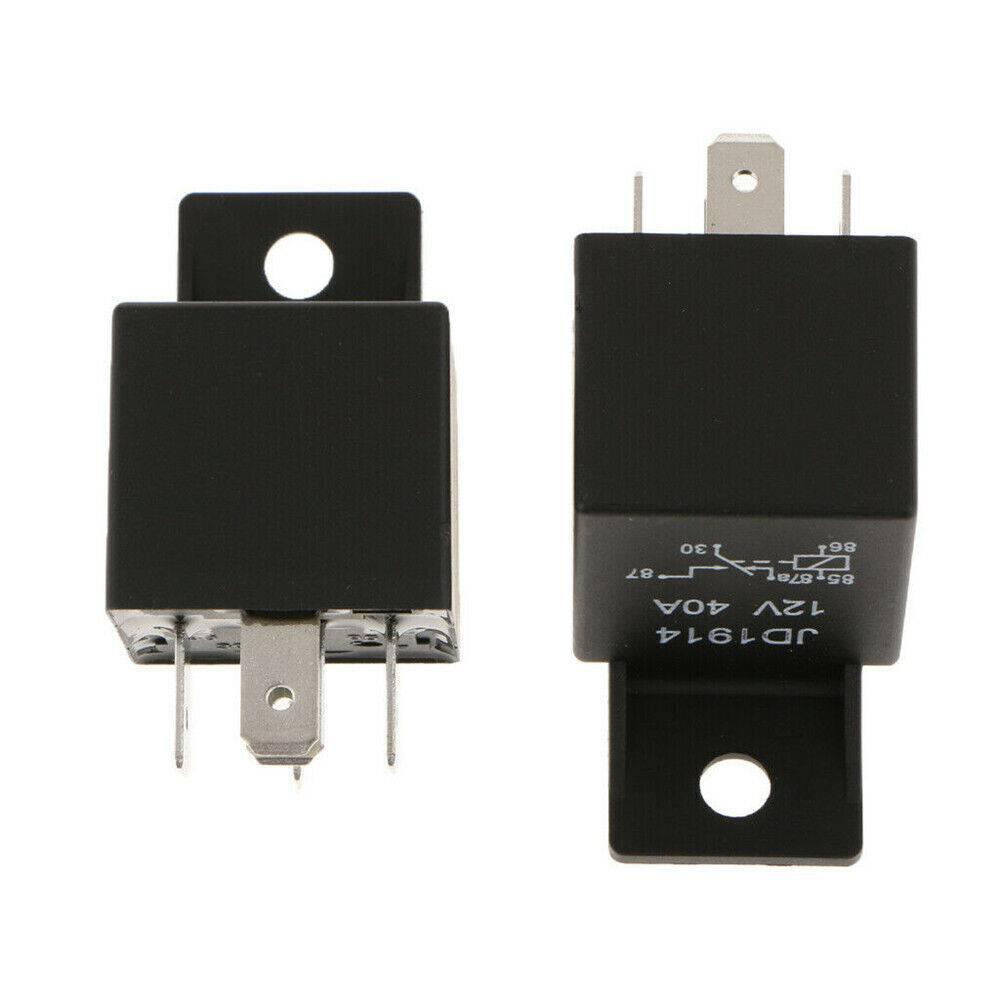 JD1914 12V 40amp Car Relay Spdt 5 Pins 5p Waterproof Car Bike Relay - two black rectangular 5-pin automotive relays with mounting tabs, one displaying a circuit diagram and specifications.