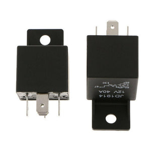 JD1914 12V 40amp Car Relay Spdt 5 Pins 5p Waterproof Car Bike Relay - two black rectangular 5-pin automotive relays with mounting tabs, one displaying a circuit diagram and specifications.