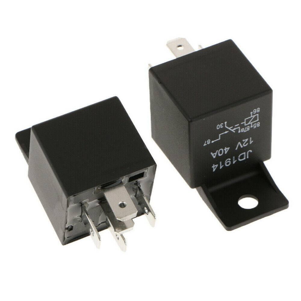 JD1914 12V 40amp Car Relay Spdt 5 Pins 5p Waterproof Car Bike Relay - two black five-pin automotive relays shown from different angles with terminal pins and a printed wiring diagram visible.