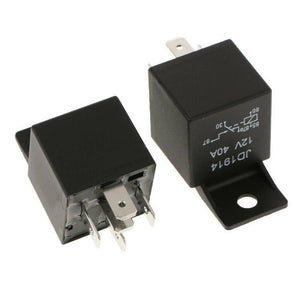 JD1914 12V 40amp Car Relay Spdt 5 Pins 5p Waterproof Car Bike Relay - two black five-pin automotive relays shown from different angles with terminal pins and a printed wiring diagram visible.
